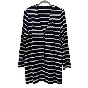 J.Jill Wearever Cardigan Large Navy White Stripe‎ Pockets Long Sleeve One Button
